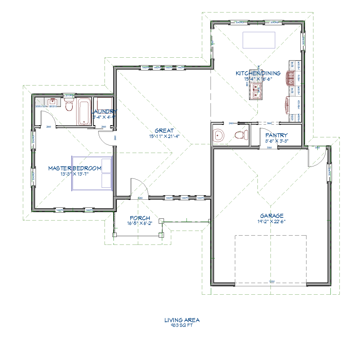 Top-down floor plan rendering of The Flint Hardy Homes cottage